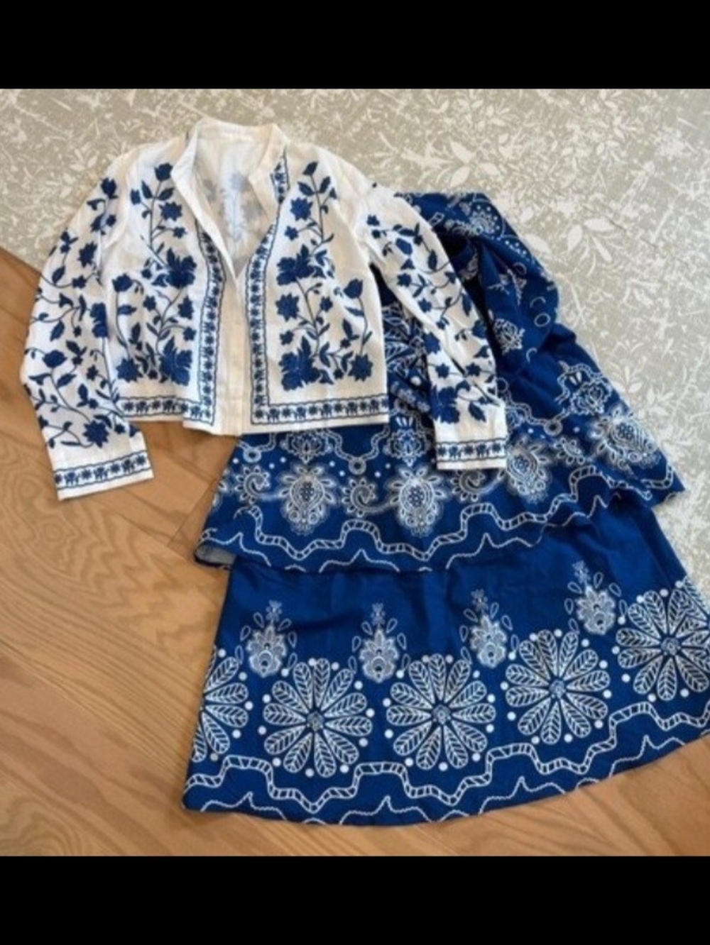 Blue & White Embroidered Jacket/Blouse and Tiered Skirt Set